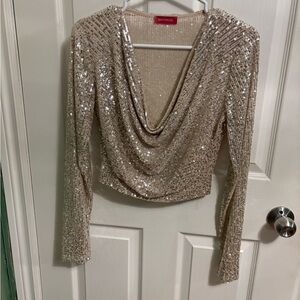 New York & Company Sparkling Sequin Drape Blouse - Gold